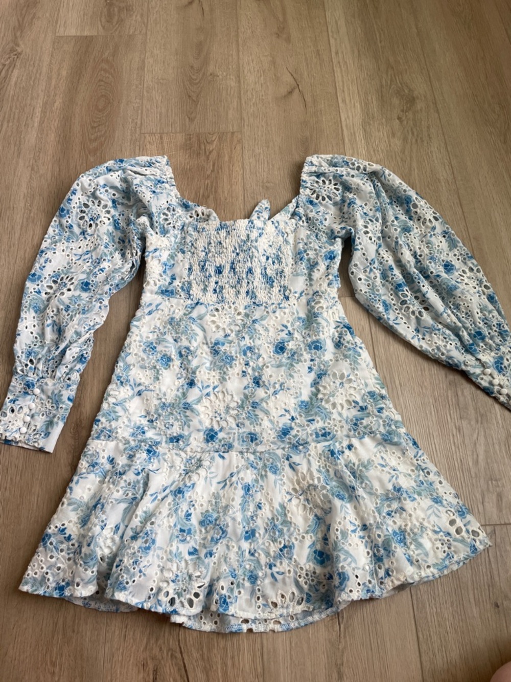 En Saison Claire Eyelet Mini Dress Puff Sleeve Blue White S - Picture 9 of 10